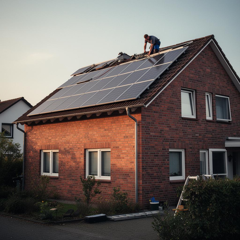 Einfamilienhaus mit Klinkerfassade und Photovoltaik-Installation auf dem Satteldach